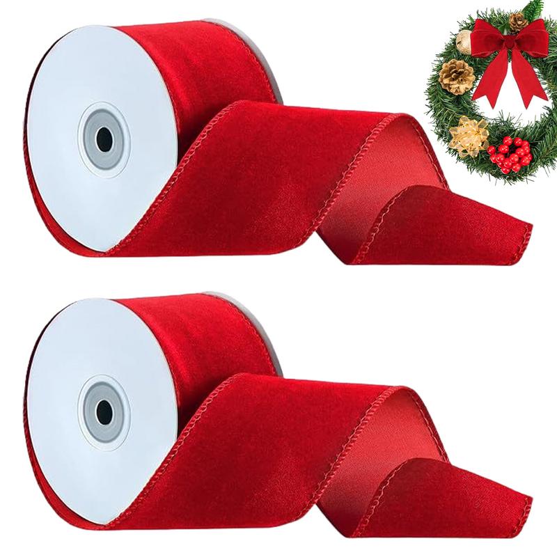 Velvet Ribbon Roll - 2 Rolls Packaging Wired Velvet Red