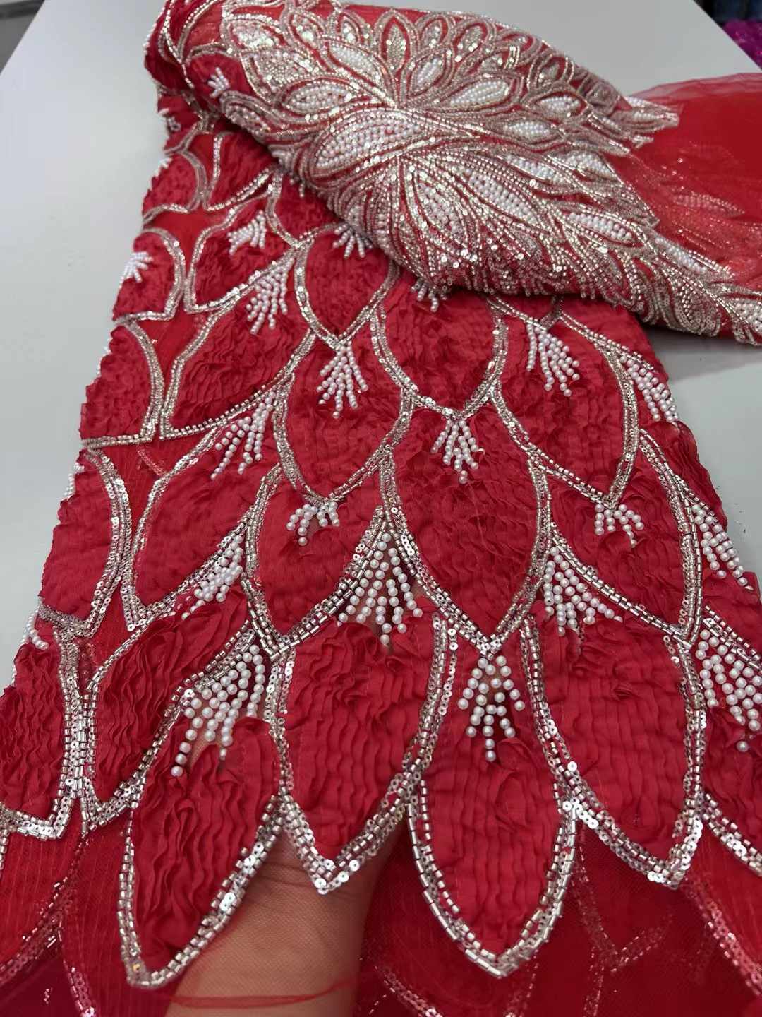 Guipure Lace Panel - Beaded 3D Lace Fabric Red Lace