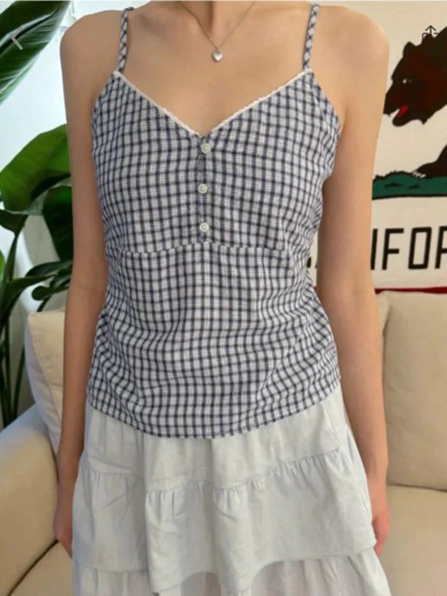 Navy Plaid Tank Shorts 2 Piece - đánh giá và giá Elastic Lace Trim